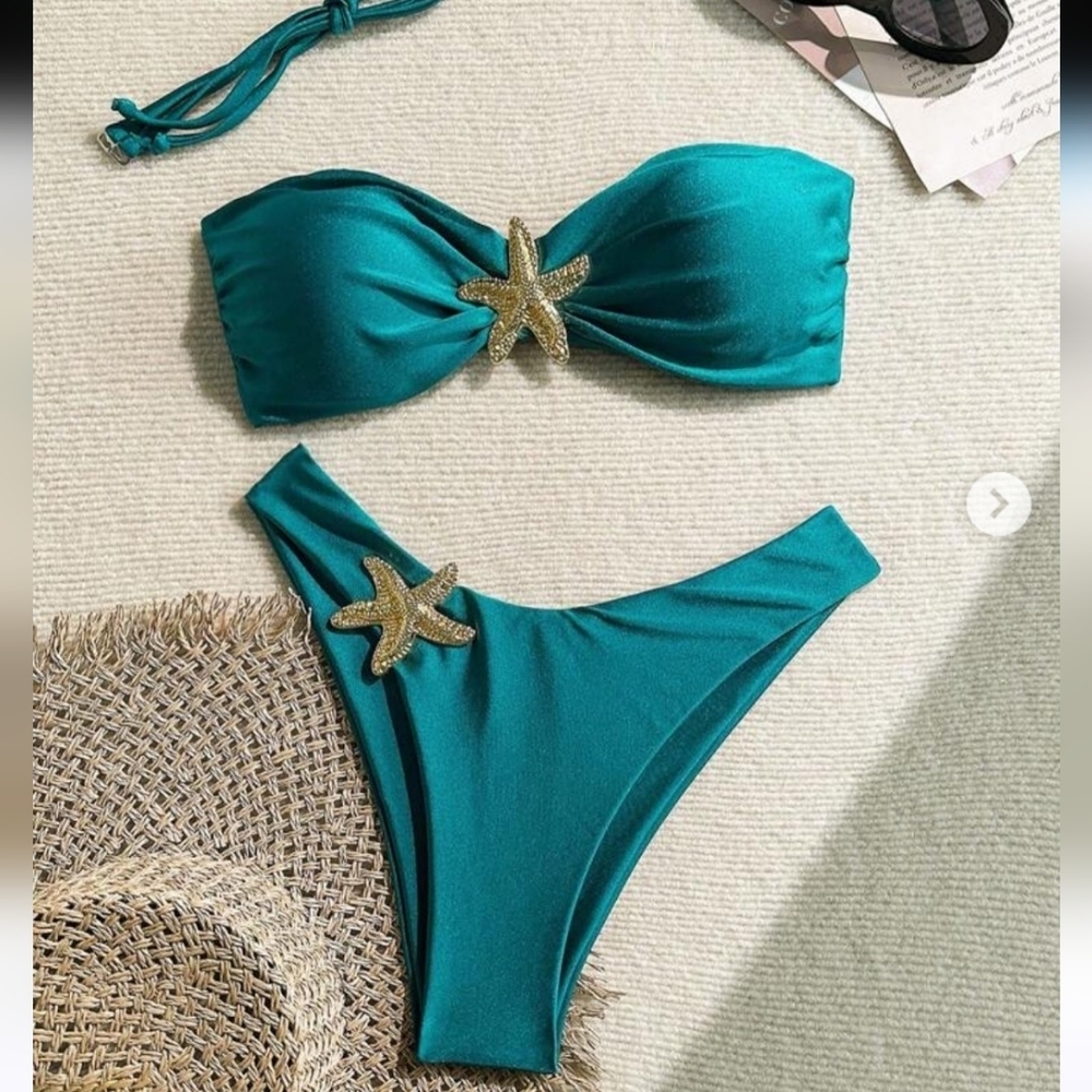 NWOT Shein Teal Bikini Set with Starfish Accents Cheeky Size Med